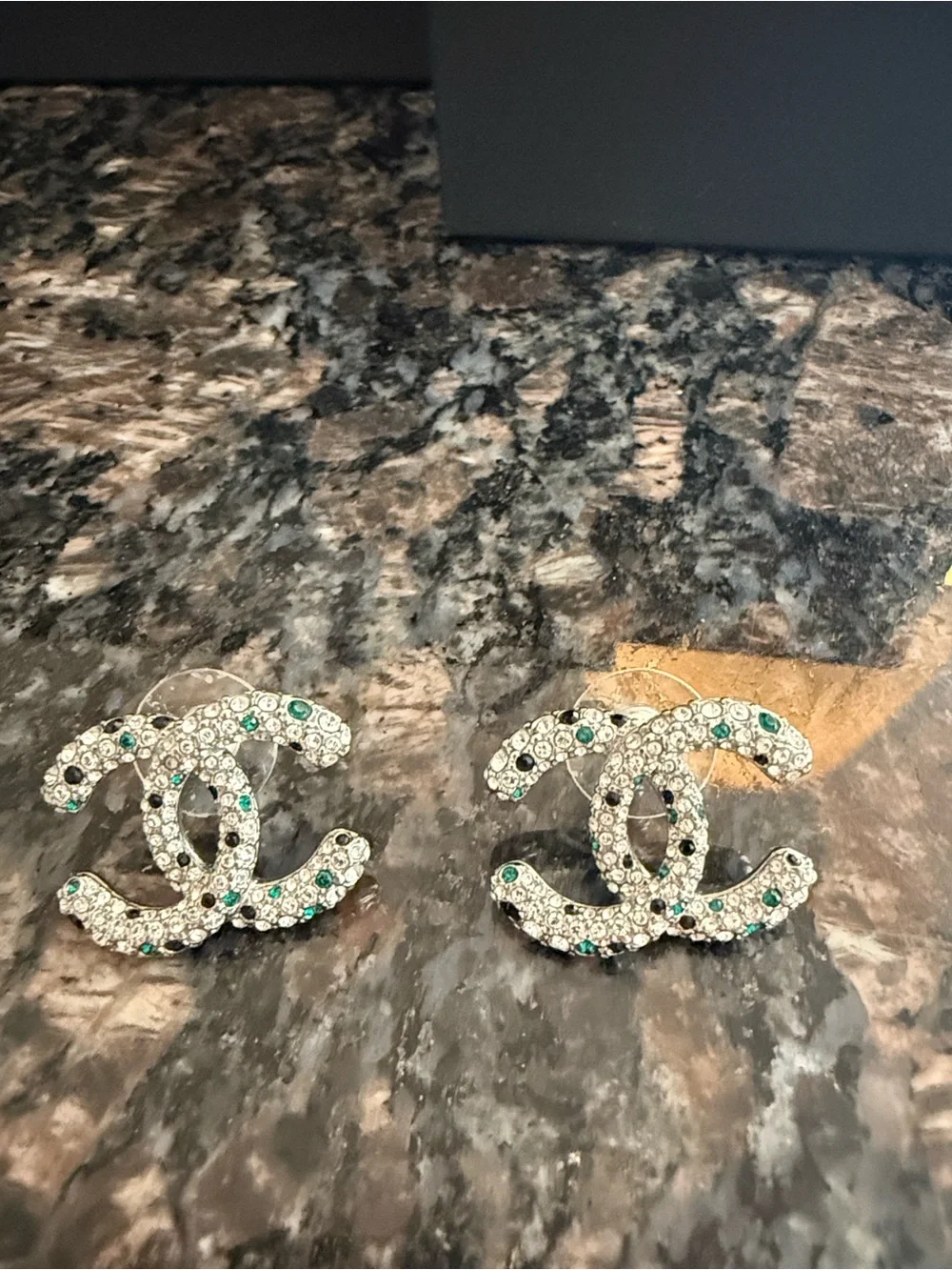 CHANEL Crystal CC Logo Earrings with Green Accents